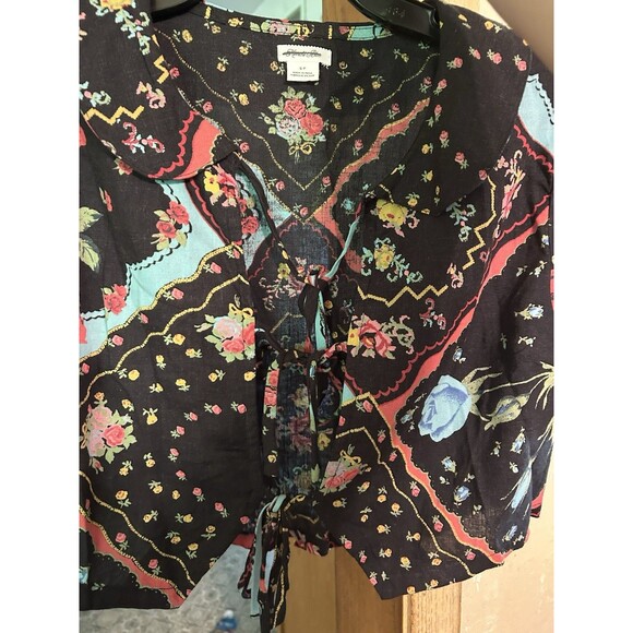 Kimichi‎  Blue Saturday Cropped Tie Front Top Fairy core Y2K Small Linen Blend - Picture 4 of 7